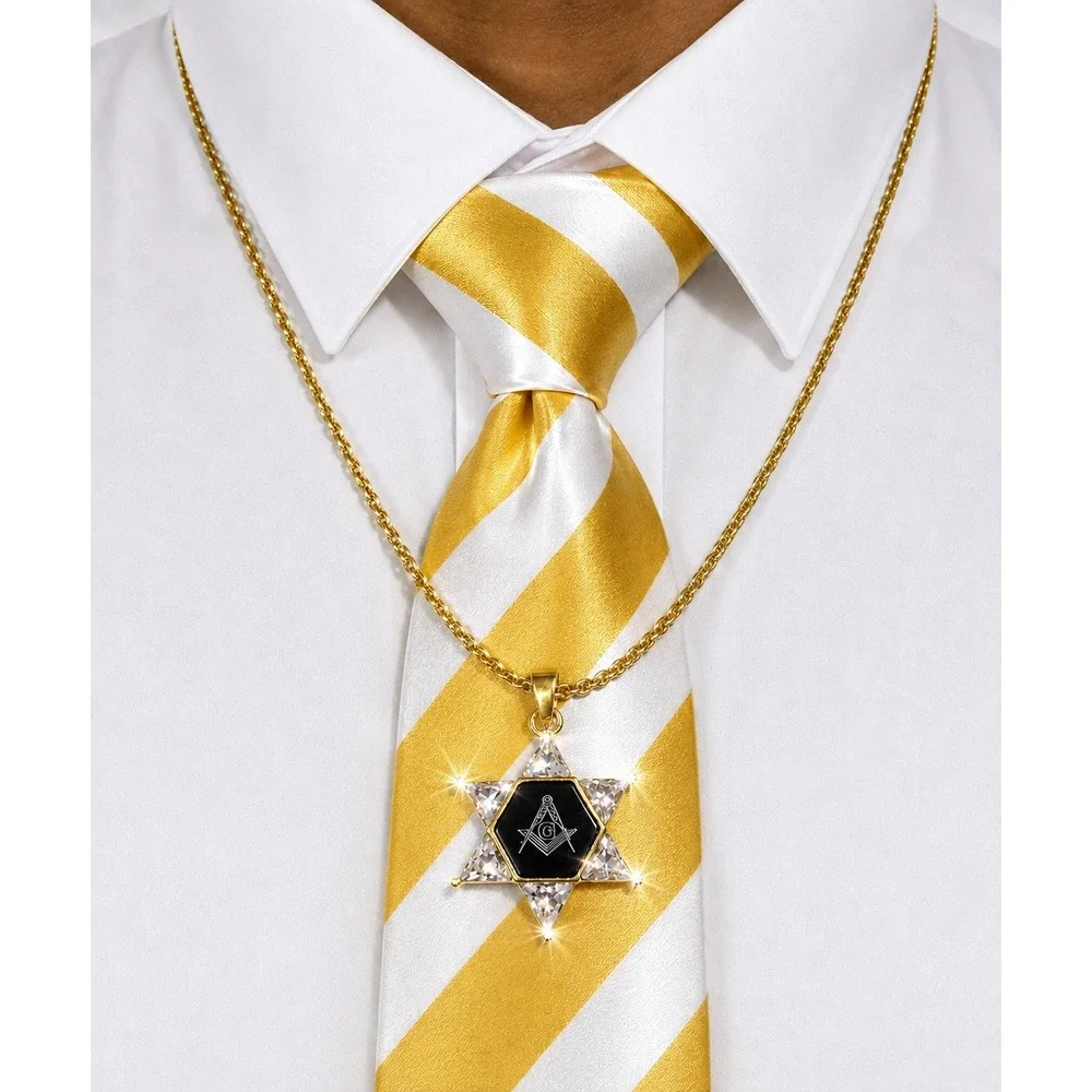 Masonic Star of David Pendant Necklace Gold Tone Square and Compasses Fraternal